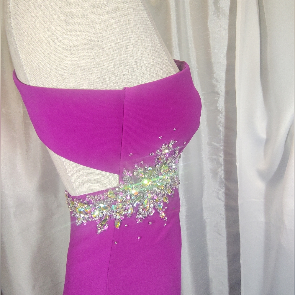 Cache Designer Sheath Dress,One Shoulder Purple, Jeweled Beads, Leg Slit, Long 0 - Picture 6 of 16